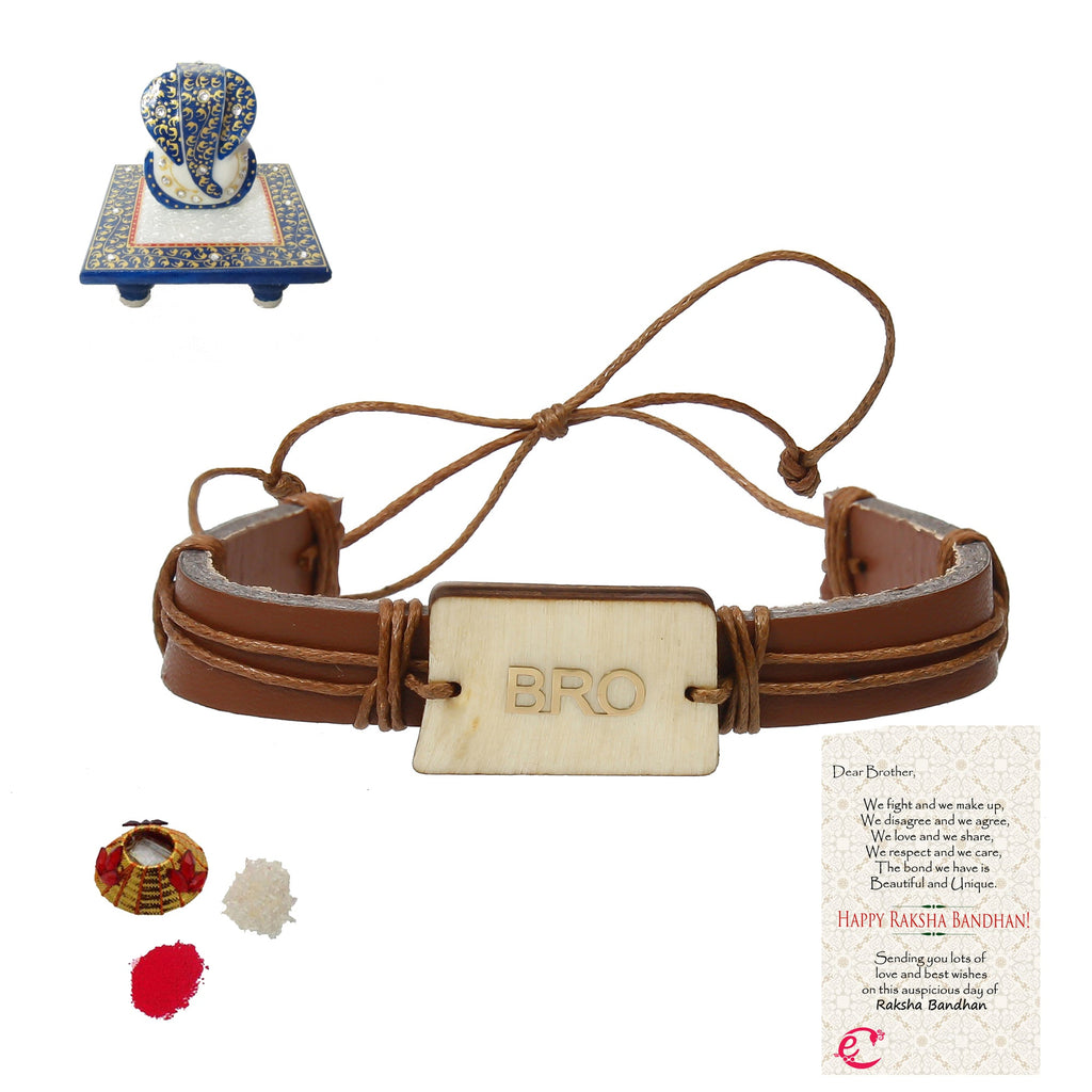 Designer Leather Bracelet BRO Rakhi with Lord Ganesha Marble Chowki and Roli Tikka Matki, Best Wishes Greeting Card Kafalo