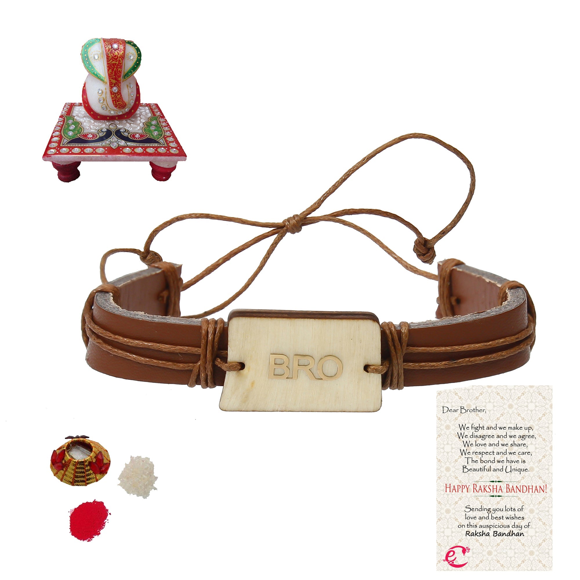 Designer Leather Bracelet BRO Rakhi with Lord Ganesha Marble Chowki and Roli Tikka Matki, Best Wishes Greeting Card Kafalo