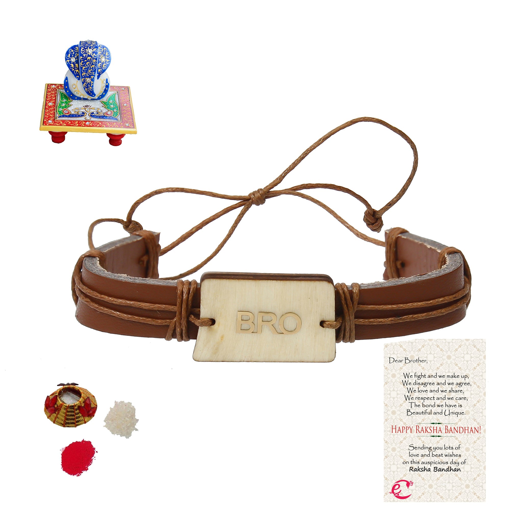 Designer Leather Bracelet BRO Rakhi with Lord Ganesha on Marble Chowki and Roli Tikka Matki, Best Wishes Greeting Card Kafalo