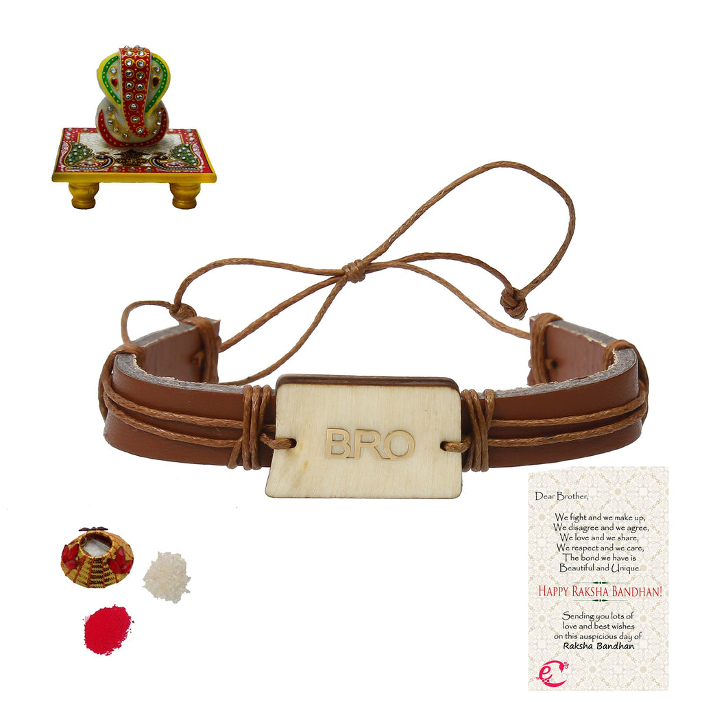 Designer Leather Bracelet BRO Rakhi with Lord Ganesha on Marble Chowki and Roli Tikka Matki, Best Wishes Greeting Card Kafalo
