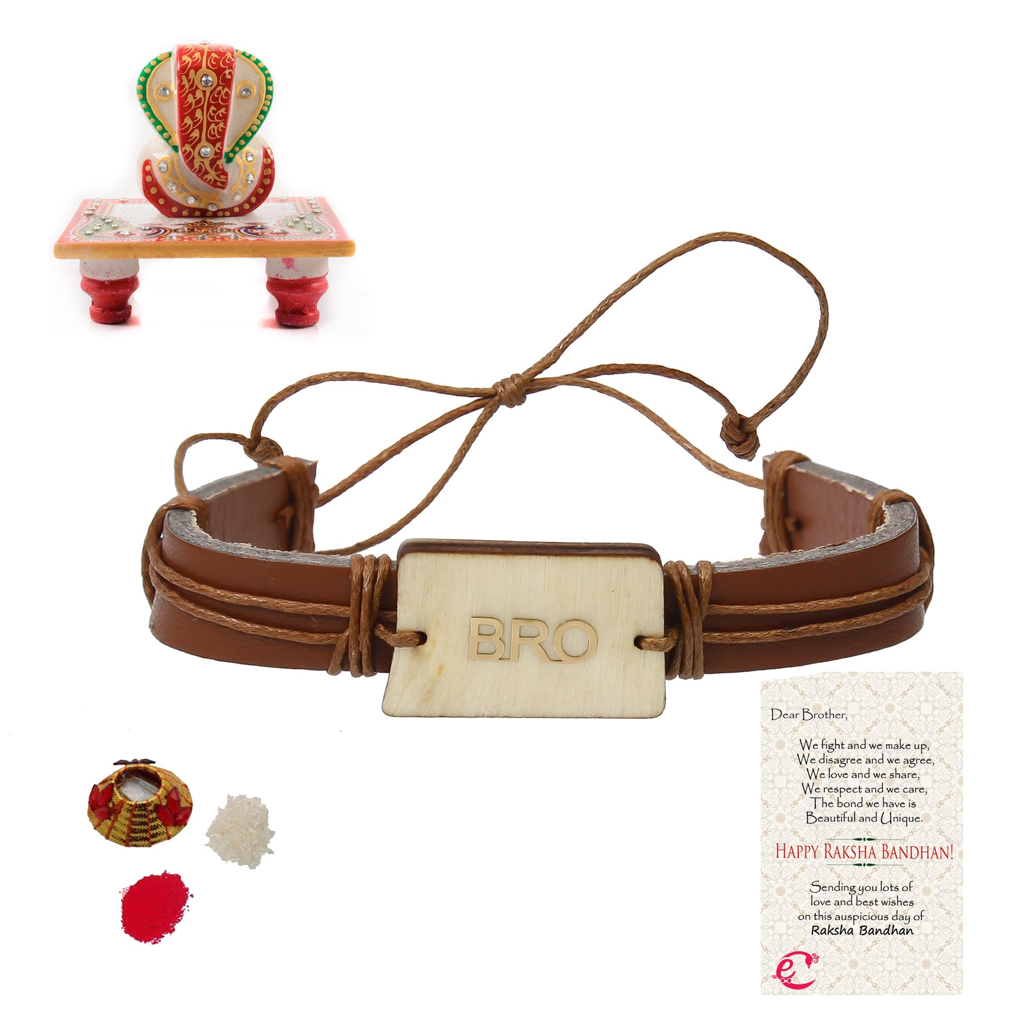 Designer Leather Bracelet BRO Rakhi with Lord Ganesha Marble Chowki and Roli Tikka Matki, Best Wishes Greeting Card Kafalo