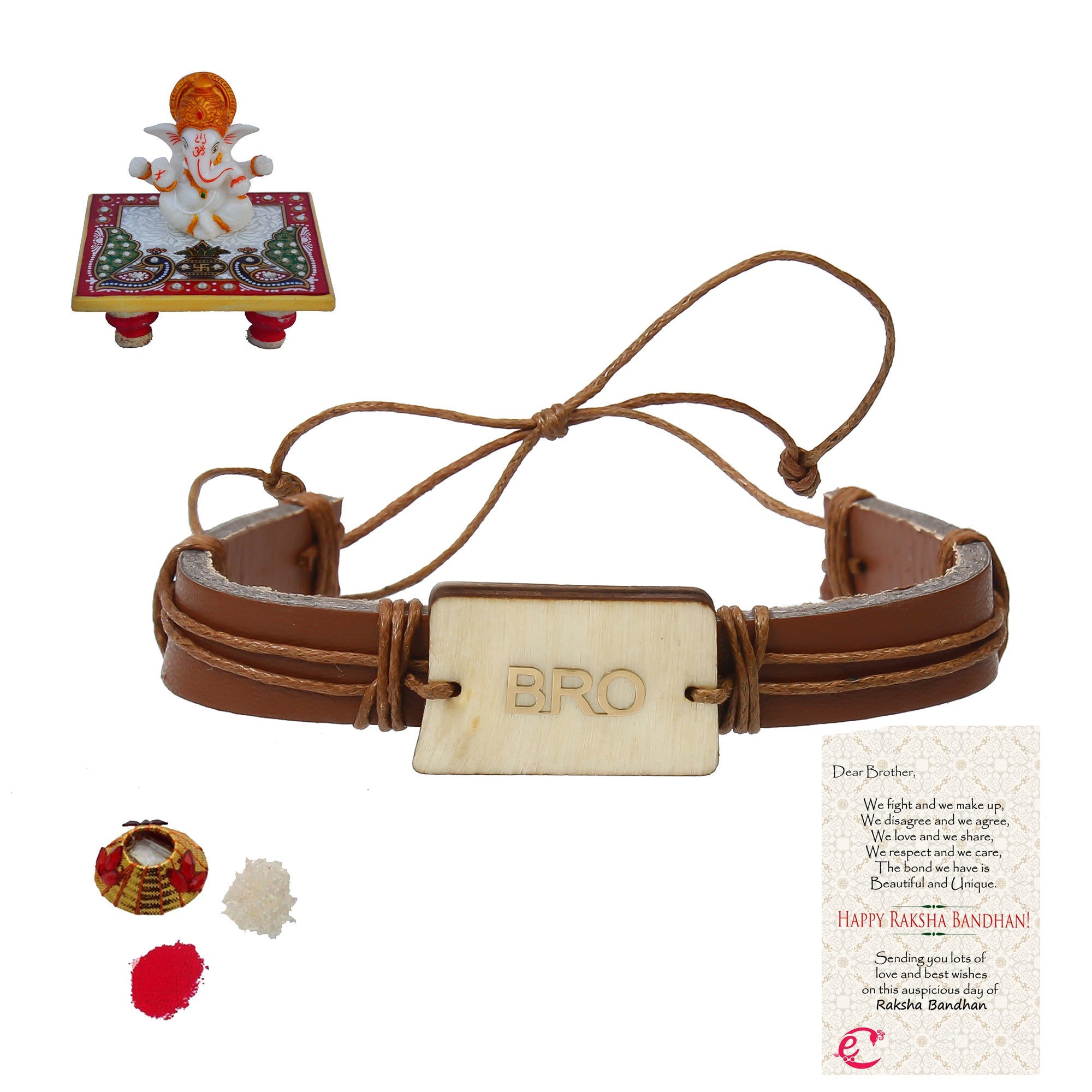 Designer Leather Bracelet BRO Rakhi with Lord Ganesha Marble Chowki and Roli Tikka Matki, Best Wishes Greeting Card Kafalo