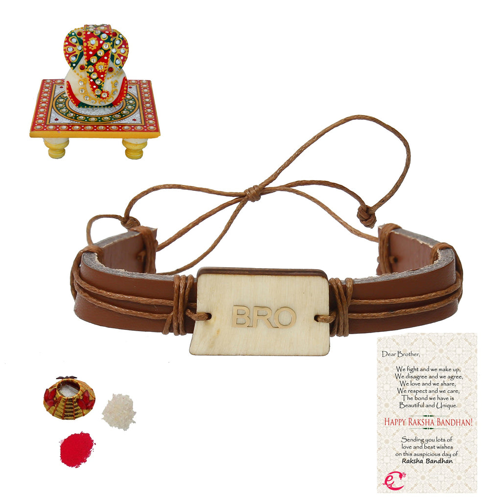 Designer Leather Bracelet BRO Rakhi with Lord Ganesha on Kundan Studded Marble Chowki and Roli Tikka Matki, Best Wishes Greeting Card Kafalo