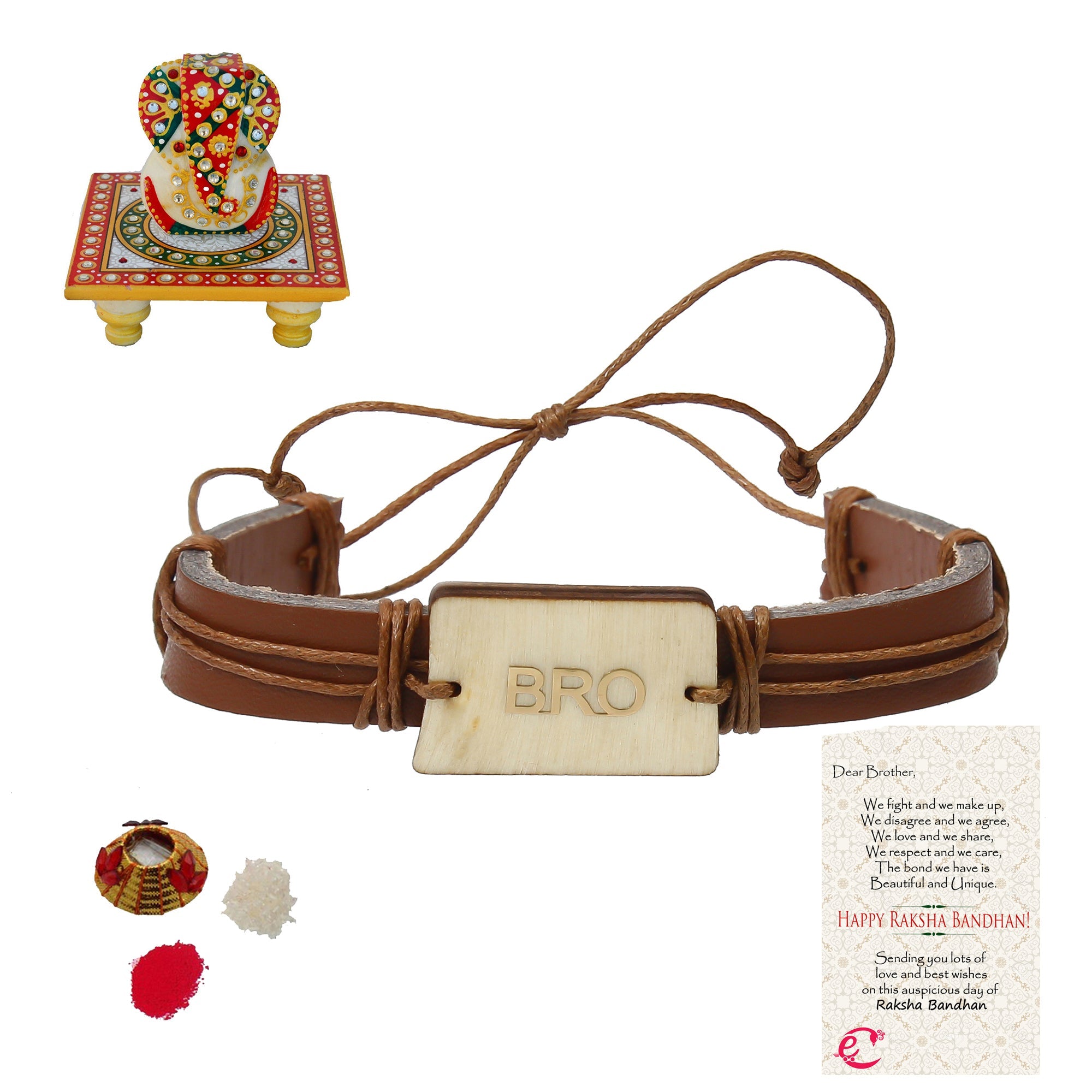 Designer Leather Bracelet BRO Rakhi with Lord Ganesha on Kundan Studded Marble Chowki and Roli Tikka Matki, Best Wishes Greeting Card Kafalo