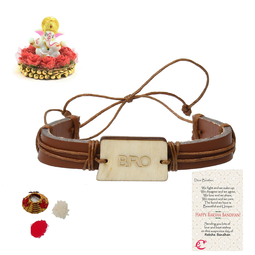 Designer Leather Bracelet BRO Rakhi with Lord Ganesha Idol on Decorative Plate for Car & Home and Roli Tikka Matki, Best Wishes Greeting Card Kafalo