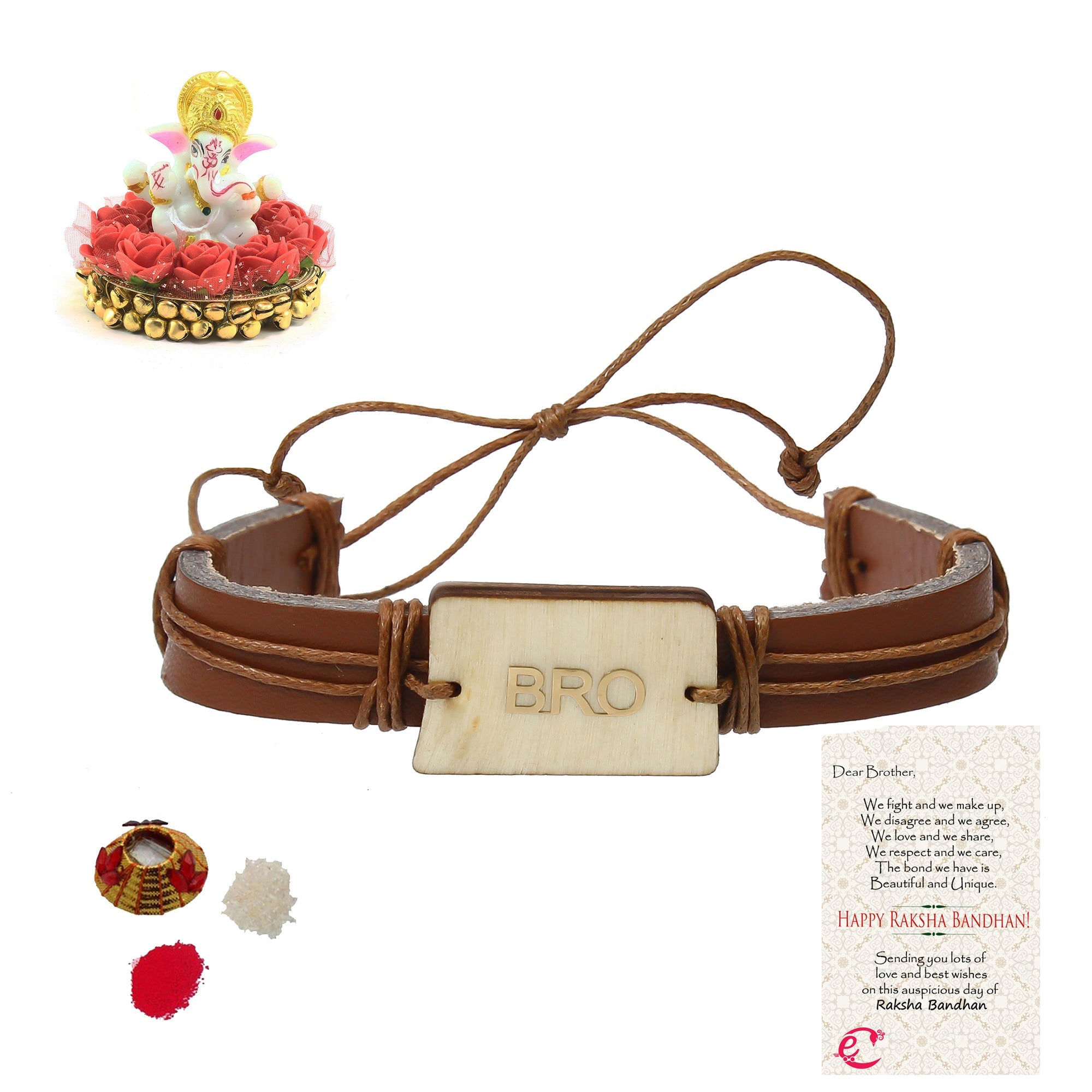 Designer Leather Bracelet BRO Rakhi with Lord Ganesha Idol on Decorative Plate for Car & Home and Roli Tikka Matki, Best Wishes Greeting Card Kafalo