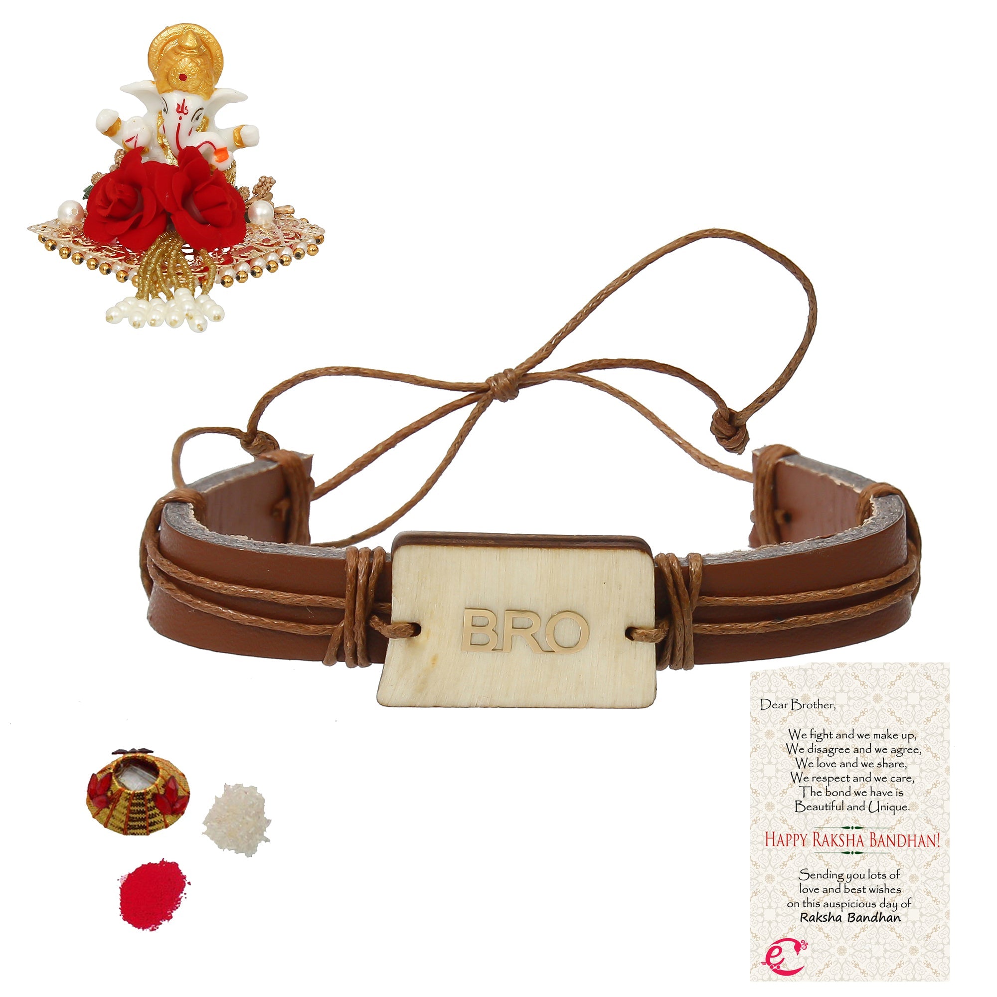 Designer Leather Bracelet BRO Rakhi with Lord Ganesha Idol on Decorative Plate for Car & Home and Roli Tikka Matki, Best Wishes Greeting Card Kafalo
