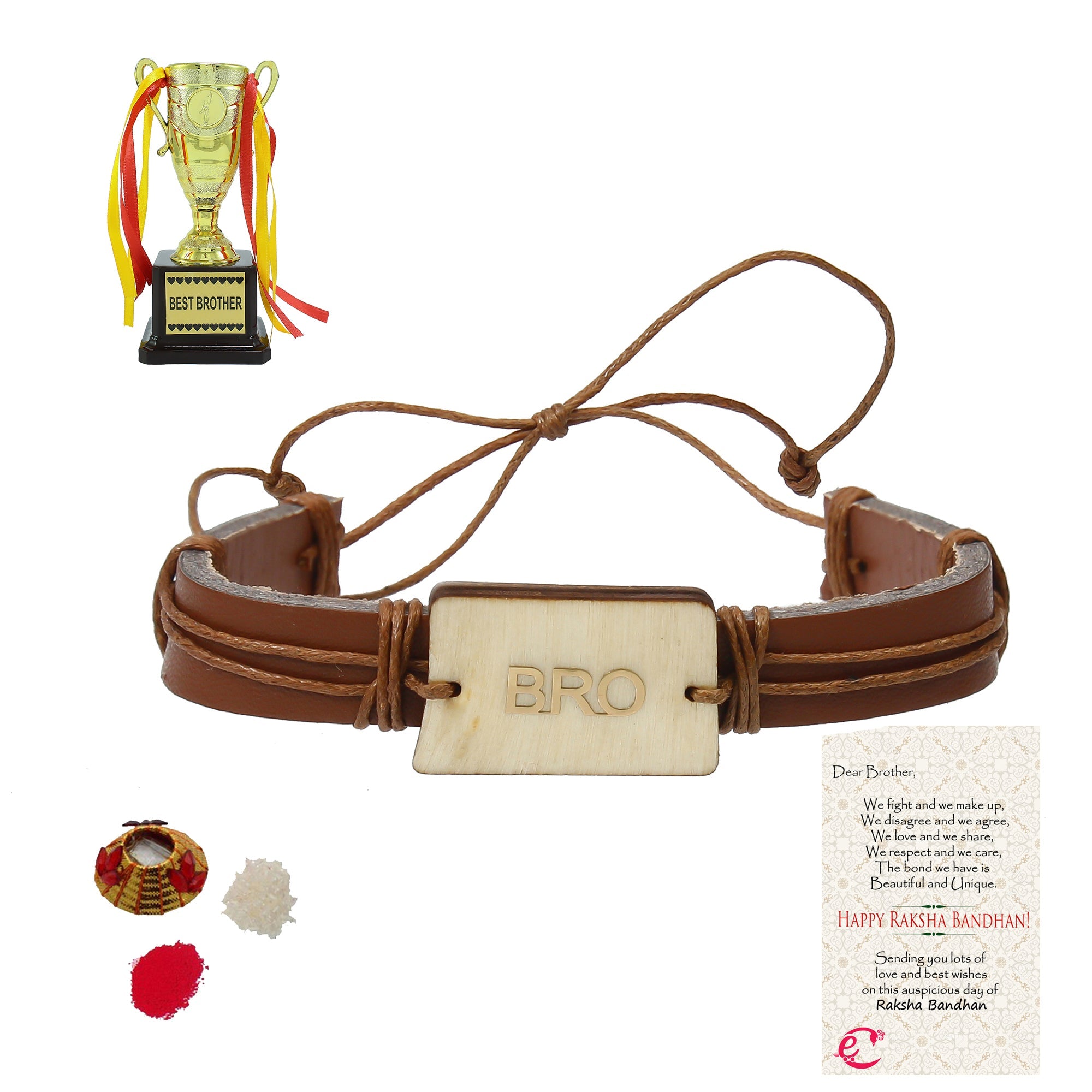 Designer Leather Bracelet BRO Rakhi with Best Brother Trophy and Roli Tikka Matki, Best Wishes Greeting Card Kafalo