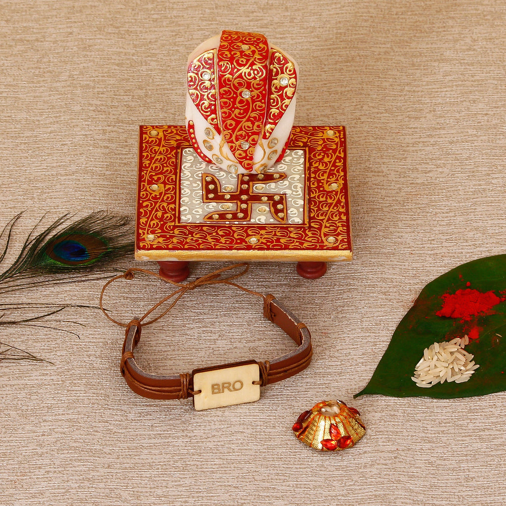 Designer Leather Bracelet BRO Rakhi with Ridhi Sidhi Marble chowki and Roli Tikka Matki Kafalo