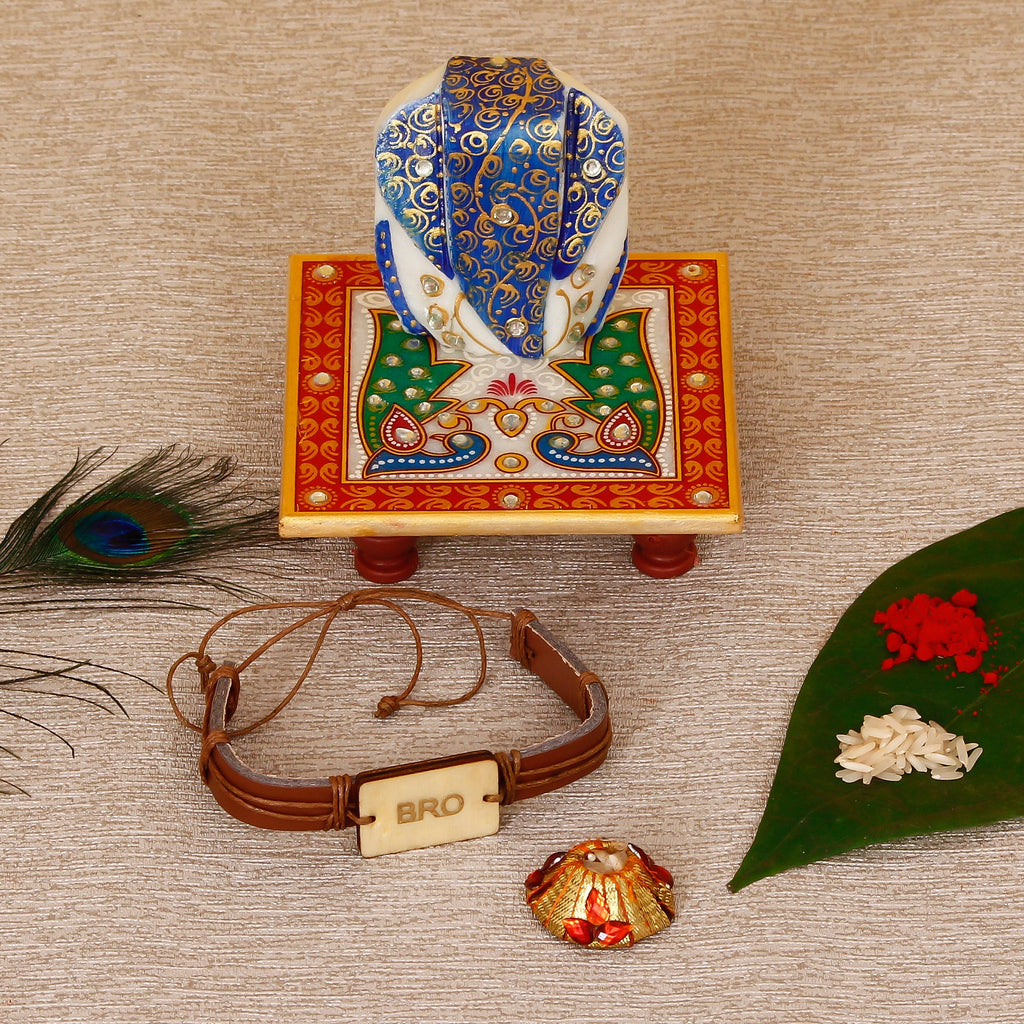 Designer Leather Bracelet BRO Rakhi with Lord Ganesha on Marble Chowki and Roli Tikka Matki Kafalo