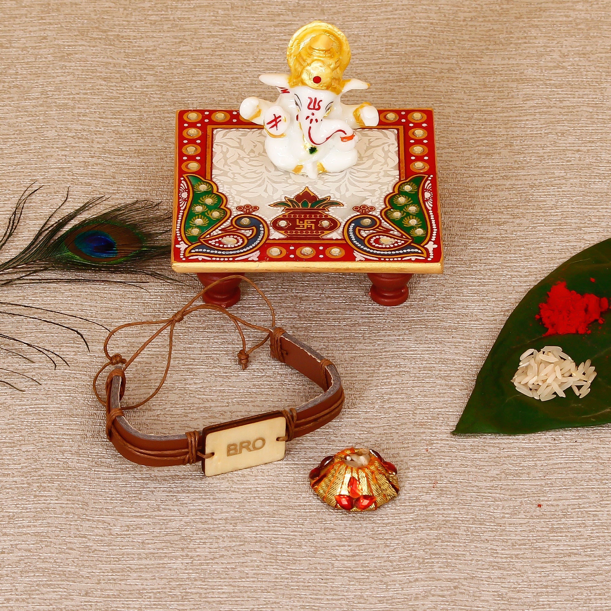 Designer Leather Bracelet BRO Rakhi with Lord Ganesha Marble Chowki and Roli Tikka Matki Kafalo