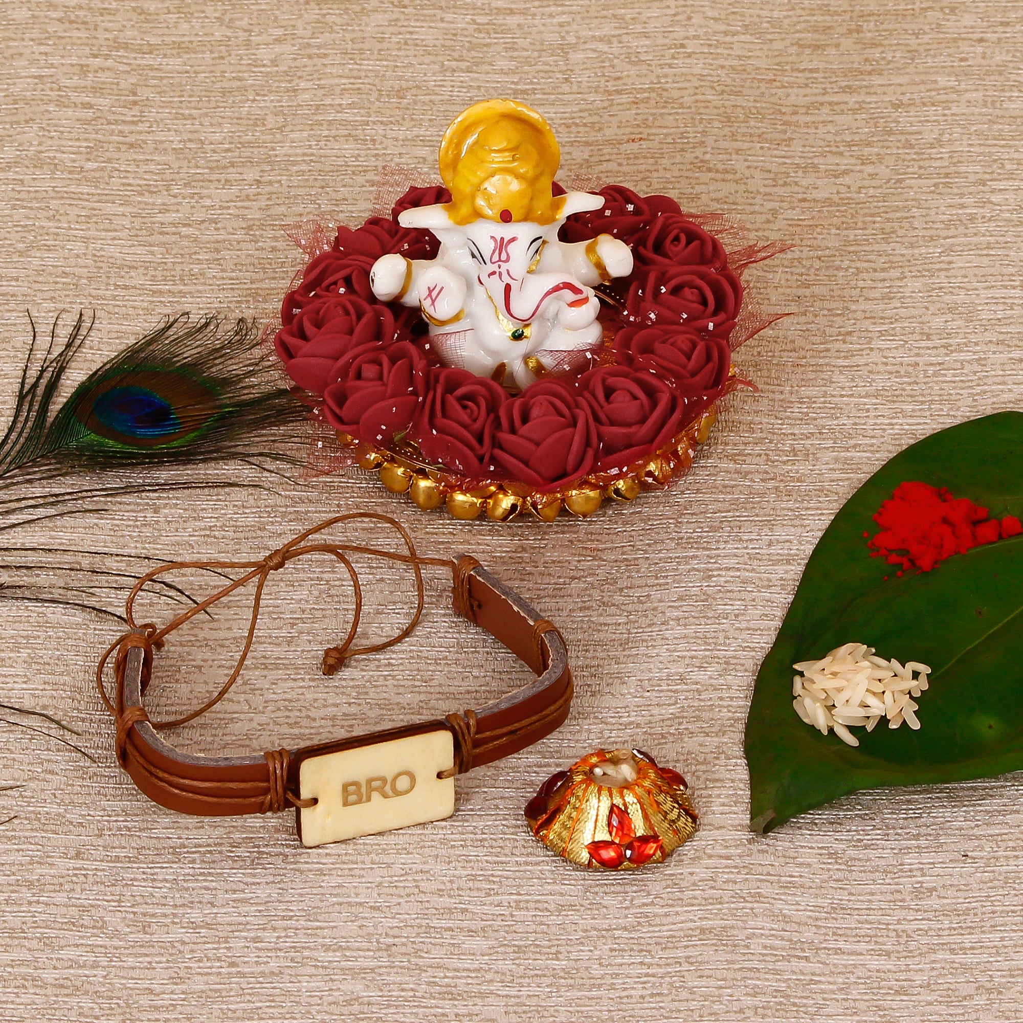 Designer Leather Bracelet BRO Rakhi with Lord Ganesha Idol on Decorative Plate for Car & Home and Roli Tikka Matki Kafalo