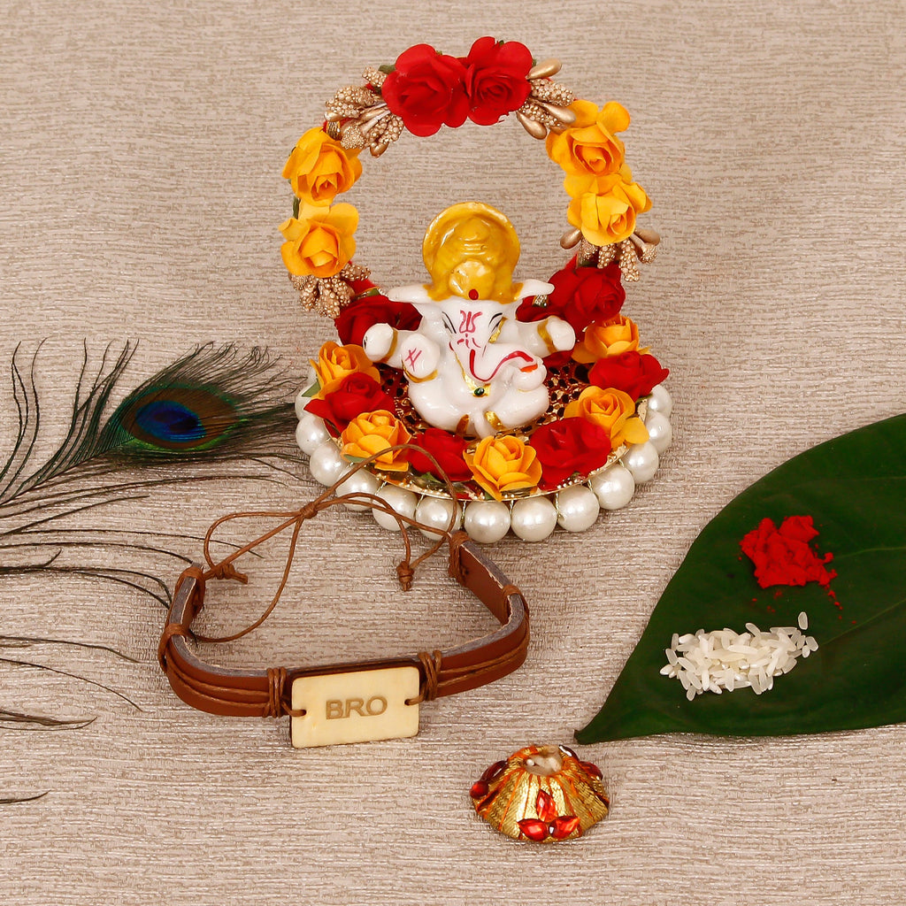Designer Leather Bracelet BRO Rakhi with Lord Ganesha Idol on Decorative Plate for Car & Home and Roli Tikka Matki Kafalo