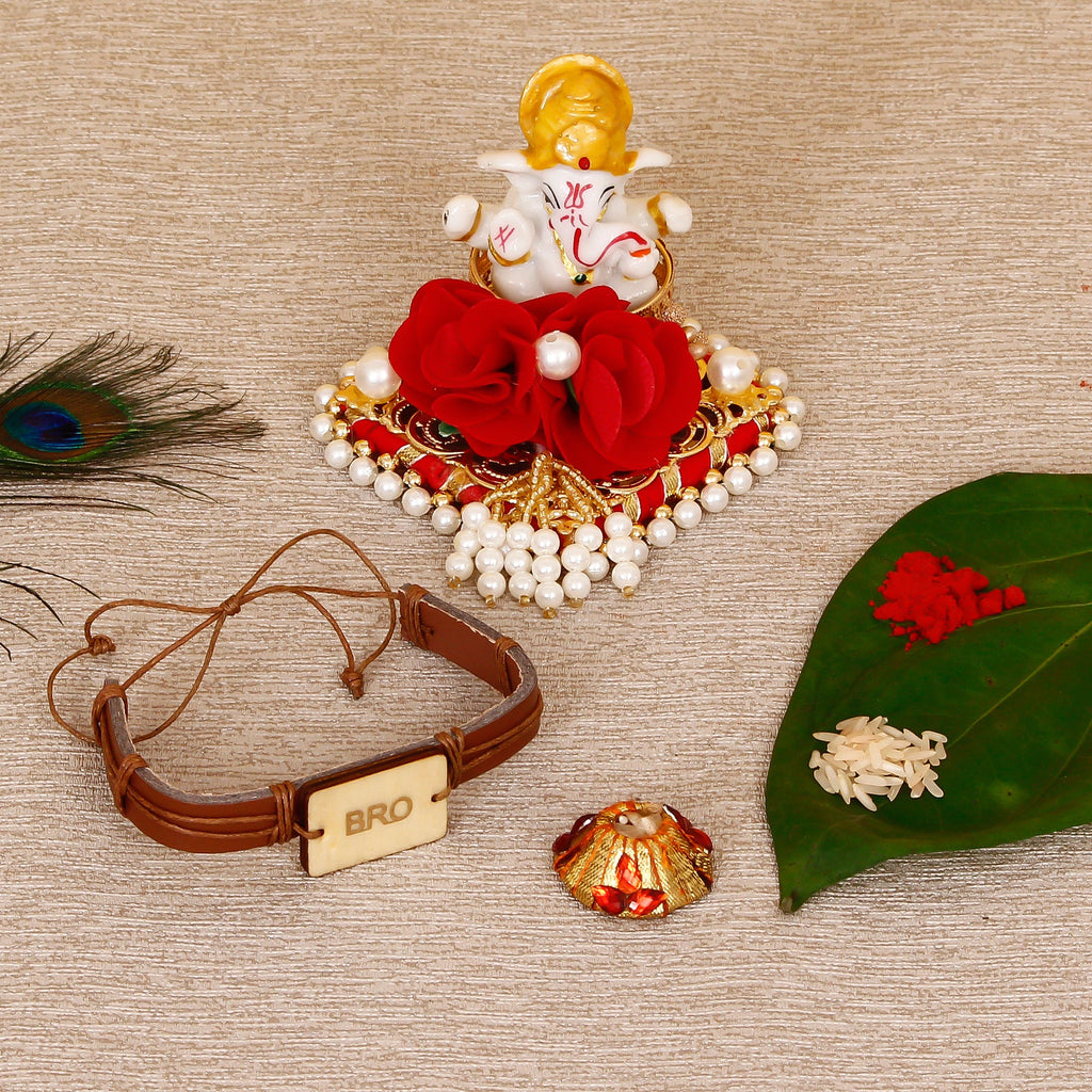 Designer Leather Bracelet BRO Rakhi with Lord Ganesha Idol on Decorative Plate for Car & Home and Roli Tikka Matki Kafalo