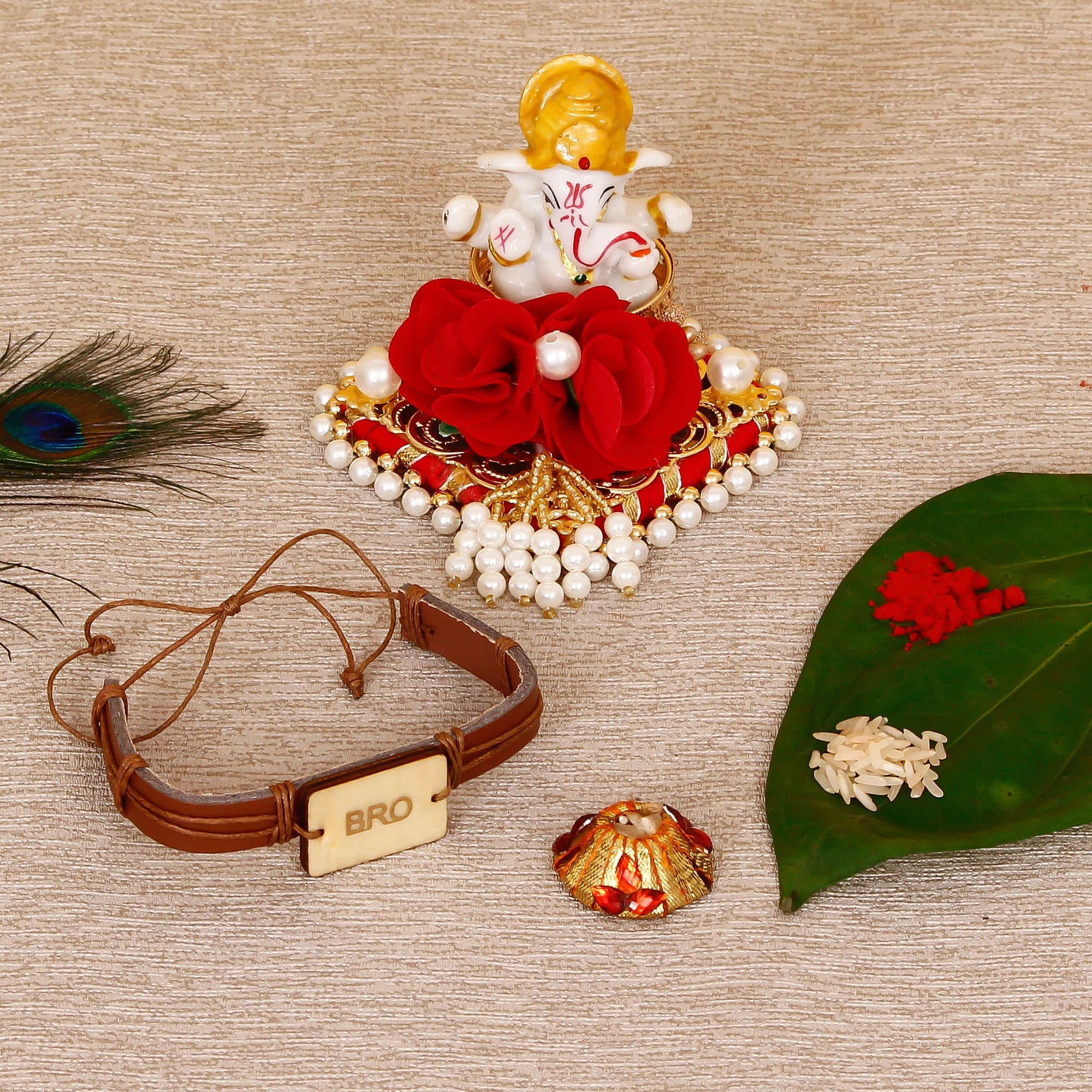 Designer Leather Bracelet BRO Rakhi with Lord Ganesha Idol on Decorative Plate for Car & Home and Roli Tikka Matki Kafalo