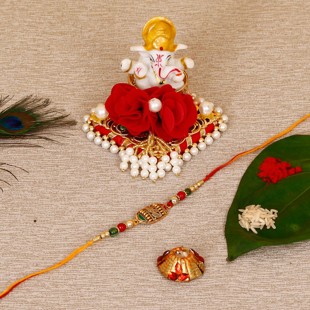 Designer Rakhi with Lord Ganesha Idol on Decorative Plate for Car & Home and Roli Tikka Matki Kafalo