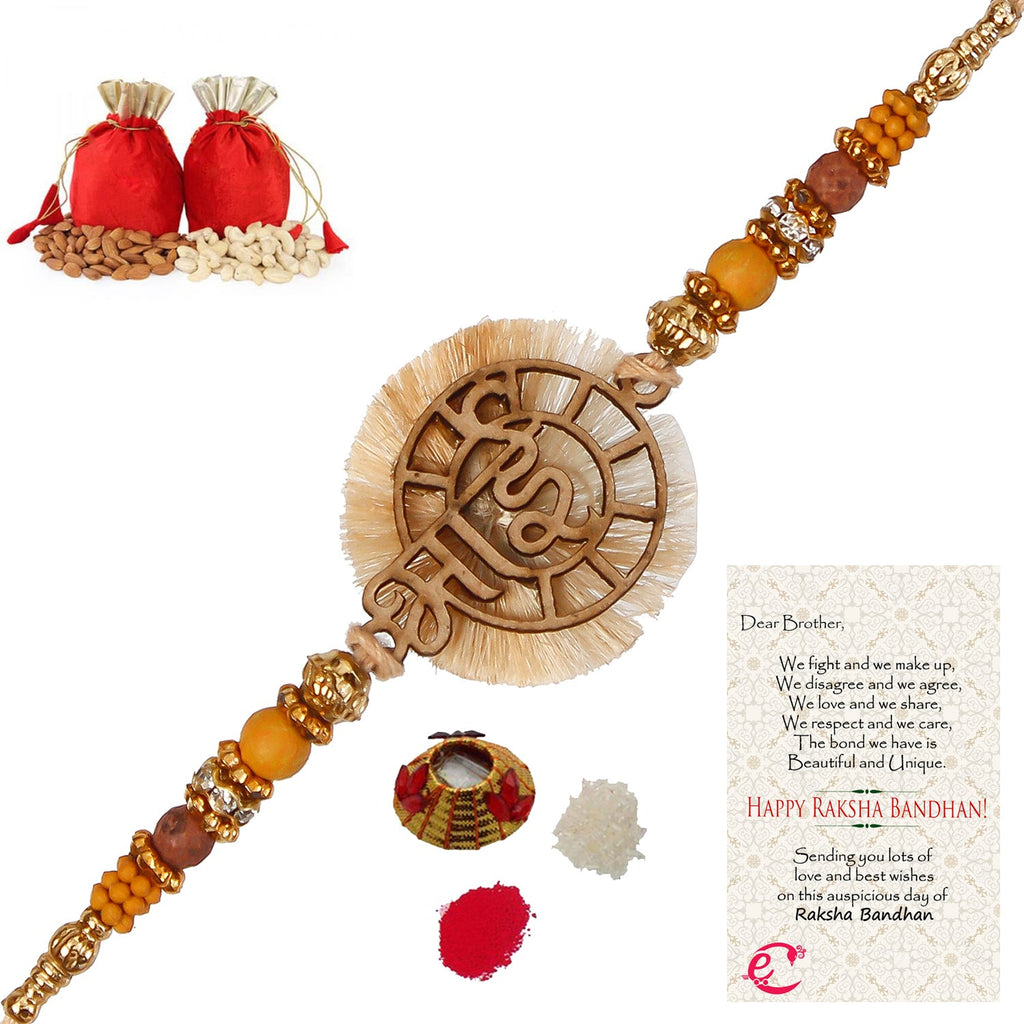 Designer Wooden Bhai Rakhi with Badam and Cashew (200 gm each, total 400 gm) and Roli Tikka Matki, Best Wishes Greeting Card Kafalo