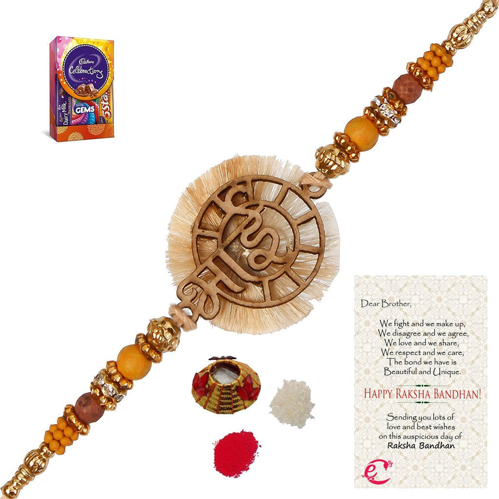Designer Wooden Bhai Rakhi with Cadbury Celebrations Gift Pack of 5 Assorted Chocolates and Roli Tikka Matki, Best Wishes Greeting Card Kafalo