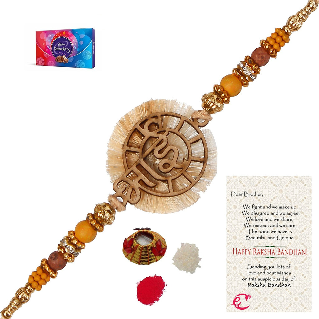 Designer Wooden Bhai Rakhi with Cadbury Celebrations Gift Pack of 7 Assorted Chocolates and Roli Tikka Matki, Best Wishes Greeting Card Kafalo