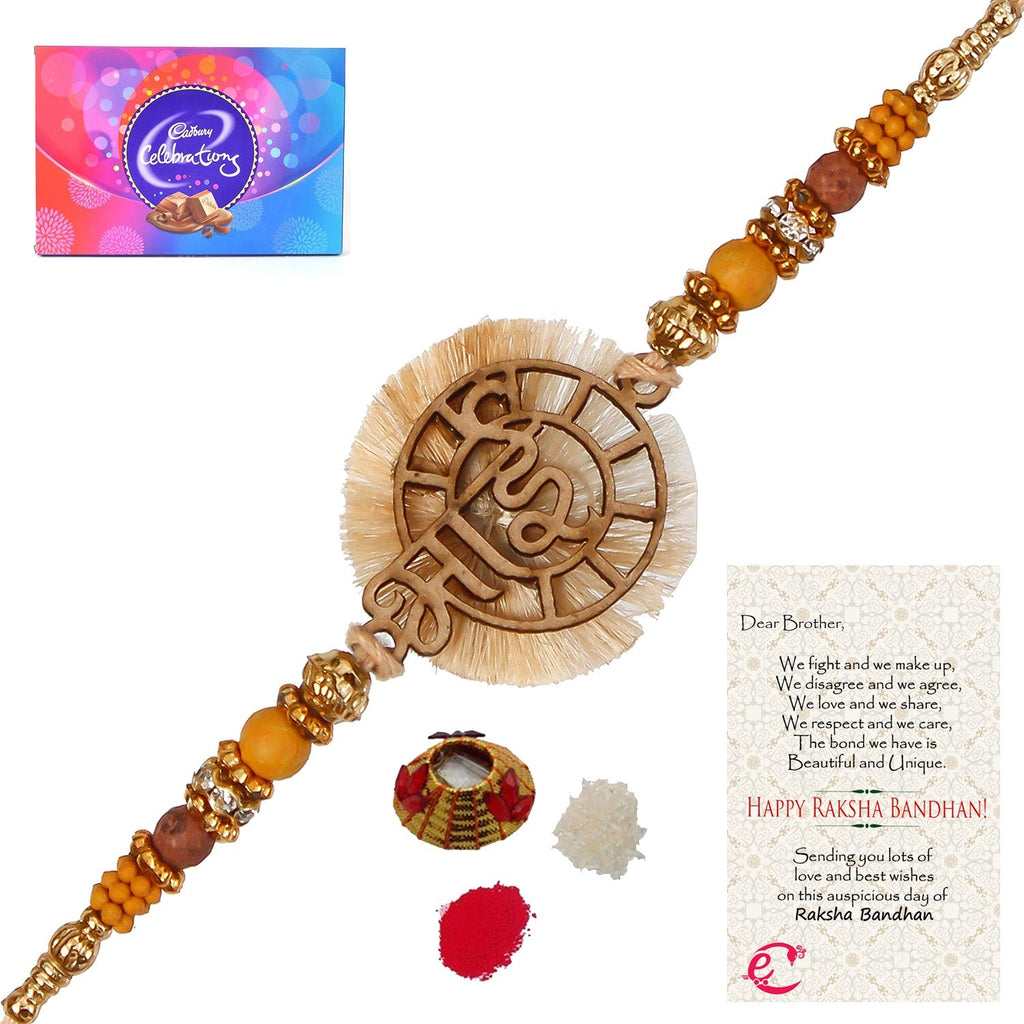 Designer Wooden Bhai Rakhi with Cadbury Celebrations Gift Pack of 11 Assorted Chocolates and Roli Tikka Matki, Best Wishes Greeting Card Kafalo