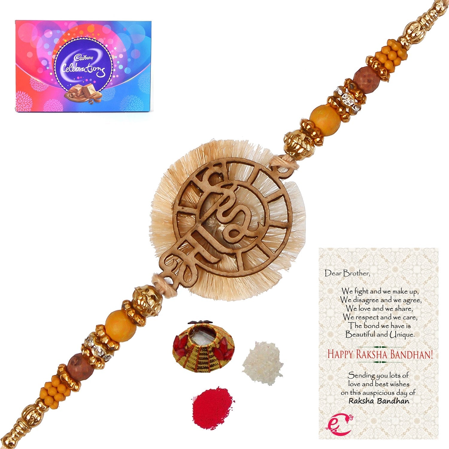 Designer Wooden Bhai Rakhi with Cadbury Celebrations Gift Pack of 11 Assorted Chocolates and Roli Tikka Matki, Best Wishes Greeting Card Kafalo
