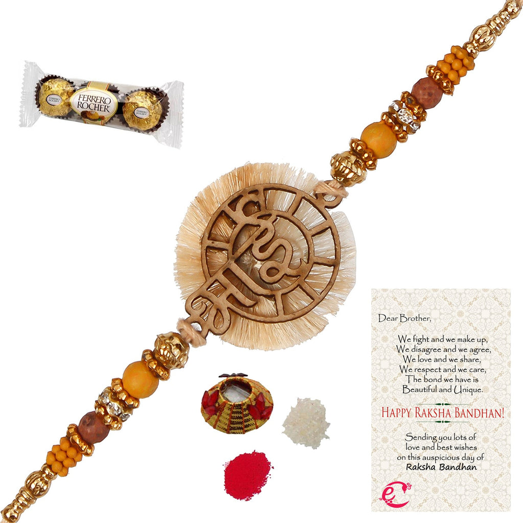 Designer Wooden Bhai Rakhi with Ferrero Rocher (3 pcs) and Roli Tikka Matki, Best Wishes Greeting Card Kafalo
