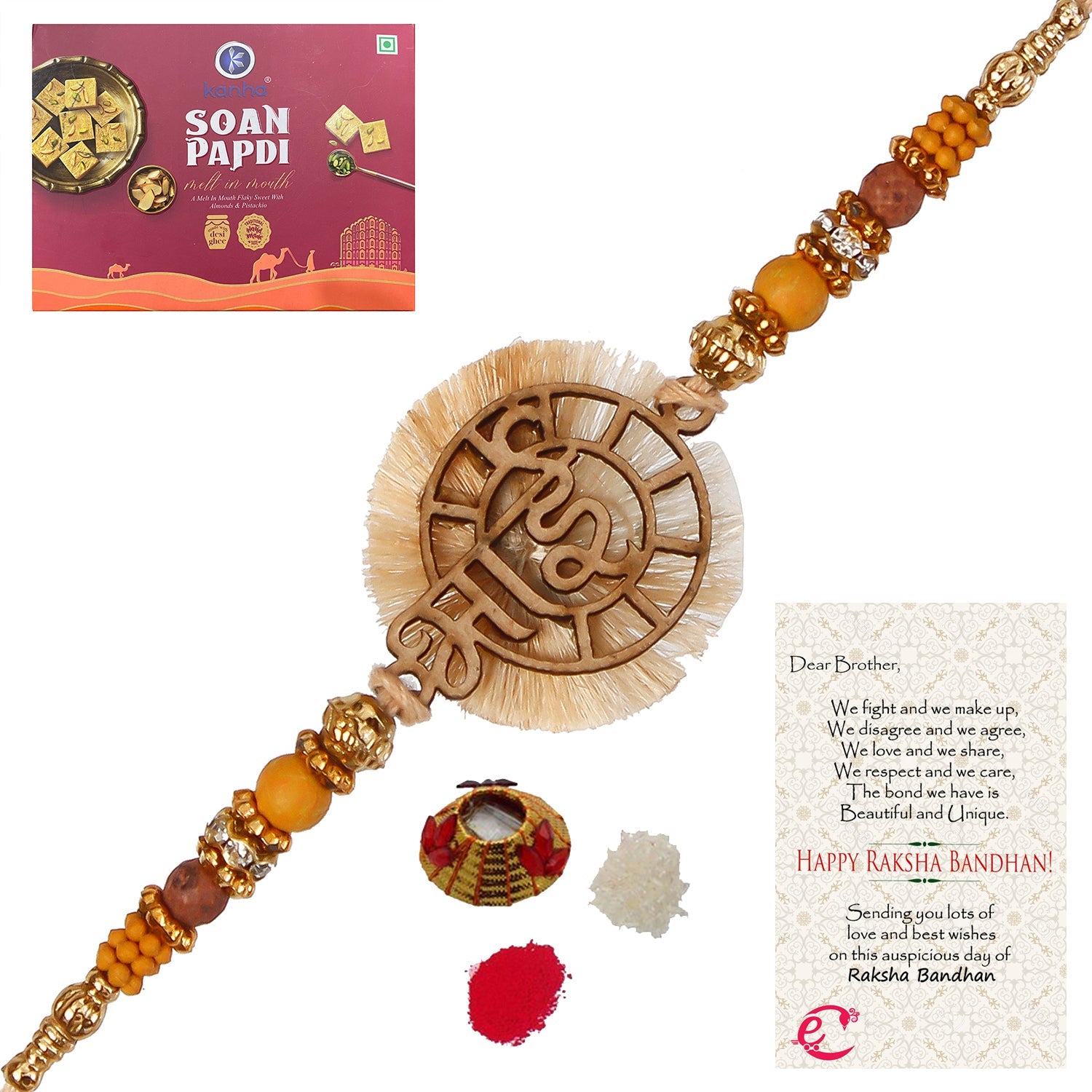 Designer Wooden Bhai Rakhi with Soan Papdi (500 Gm) and Roli Tikka Matki, Best Wishes Greeting Card Kafalo