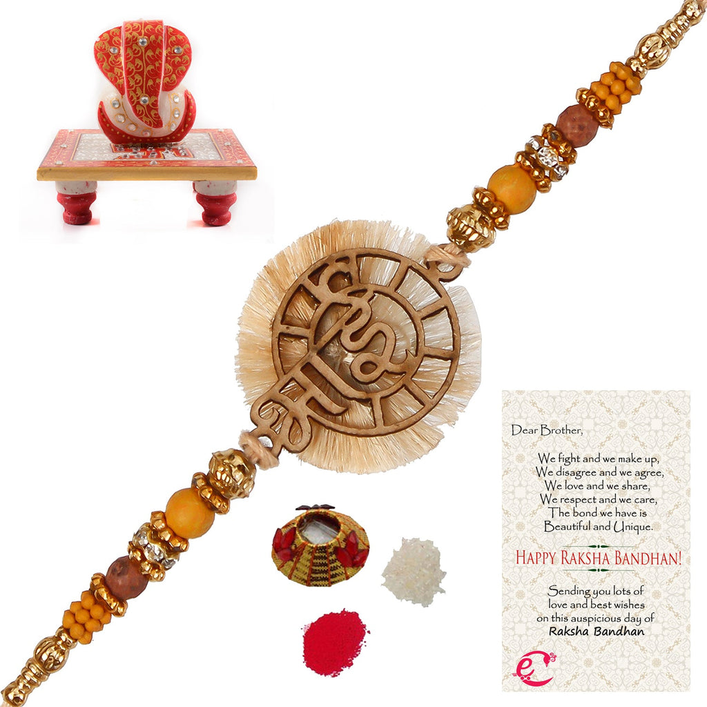 Designer Wooden Bhai Rakhi with Ridhi Sidhi Marble chowki and Roli Tikka Matki, Best Wishes Greeting Card Kafalo