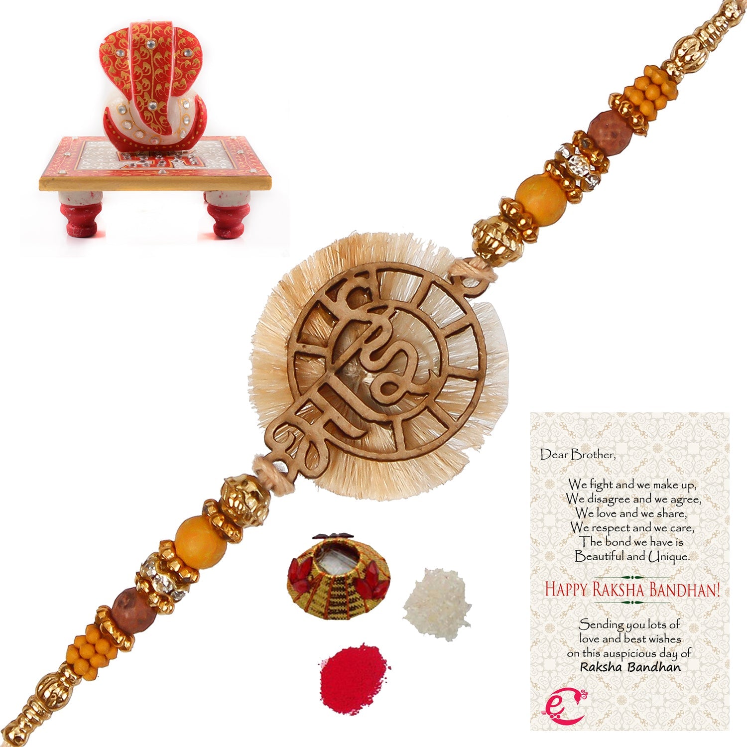 Designer Wooden Bhai Rakhi with Ridhi Sidhi Marble chowki and Roli Tikka Matki, Best Wishes Greeting Card Kafalo