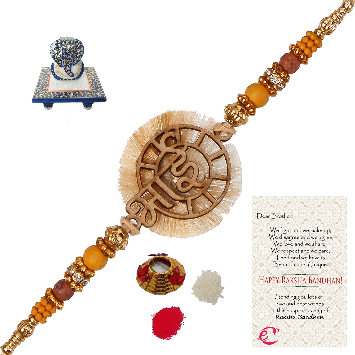 Designer Wooden Bhai Rakhi with Lord Ganesha Marble Chowki and Roli Tikka Matki, Best Wishes Greeting Card Kafalo