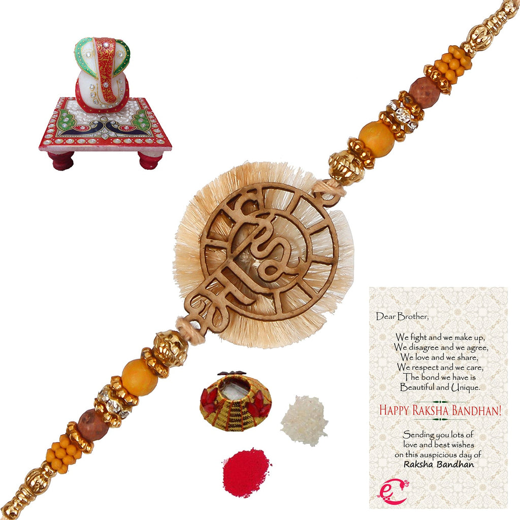 Designer Wooden Bhai Rakhi with Lord Ganesha Marble Chowki and Roli Tikka Matki, Best Wishes Greeting Card Kafalo