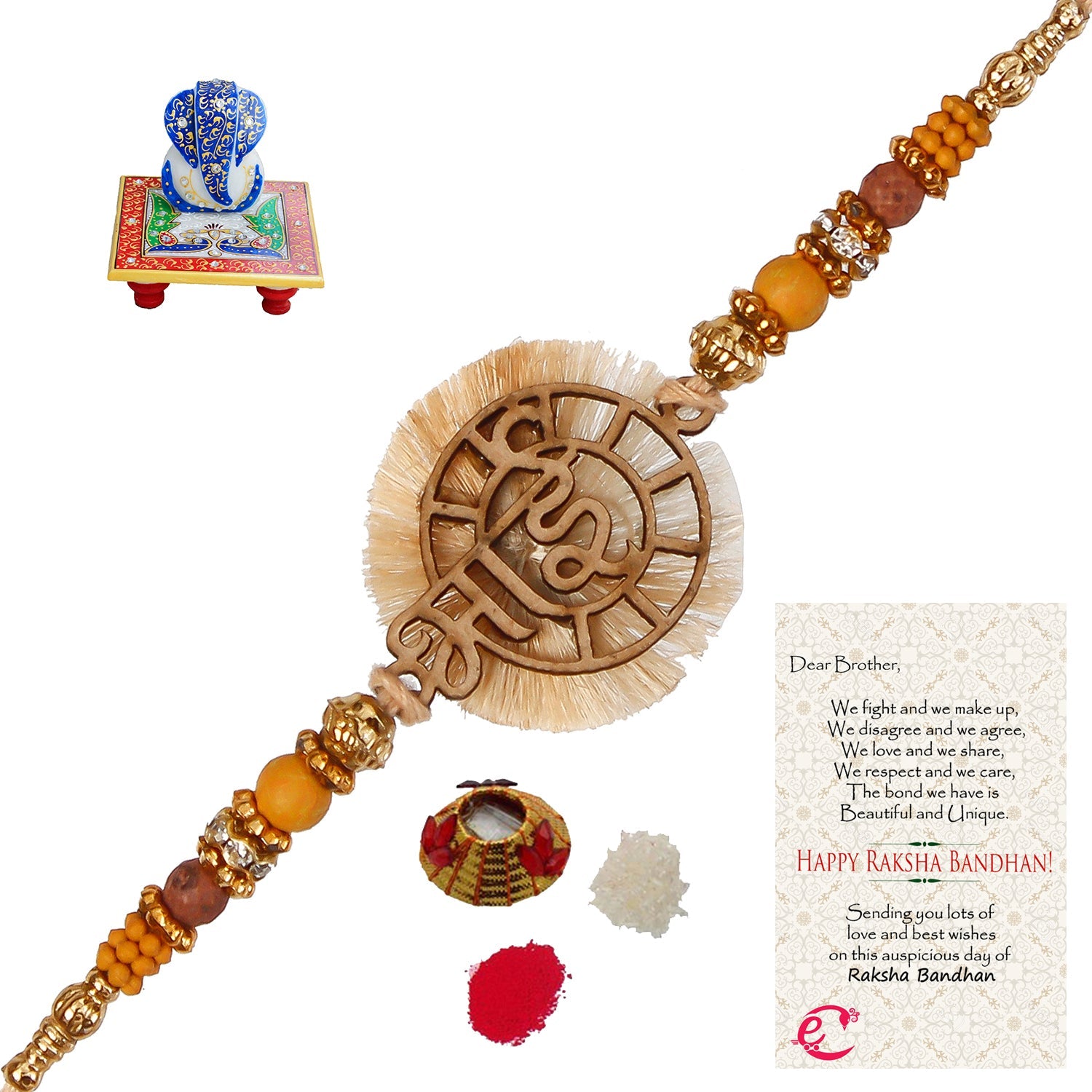 Designer Wooden Bhai Rakhi with Lord Ganesha on Marble Chowki and Roli Tikka Matki, Best Wishes Greeting Card Kafalo