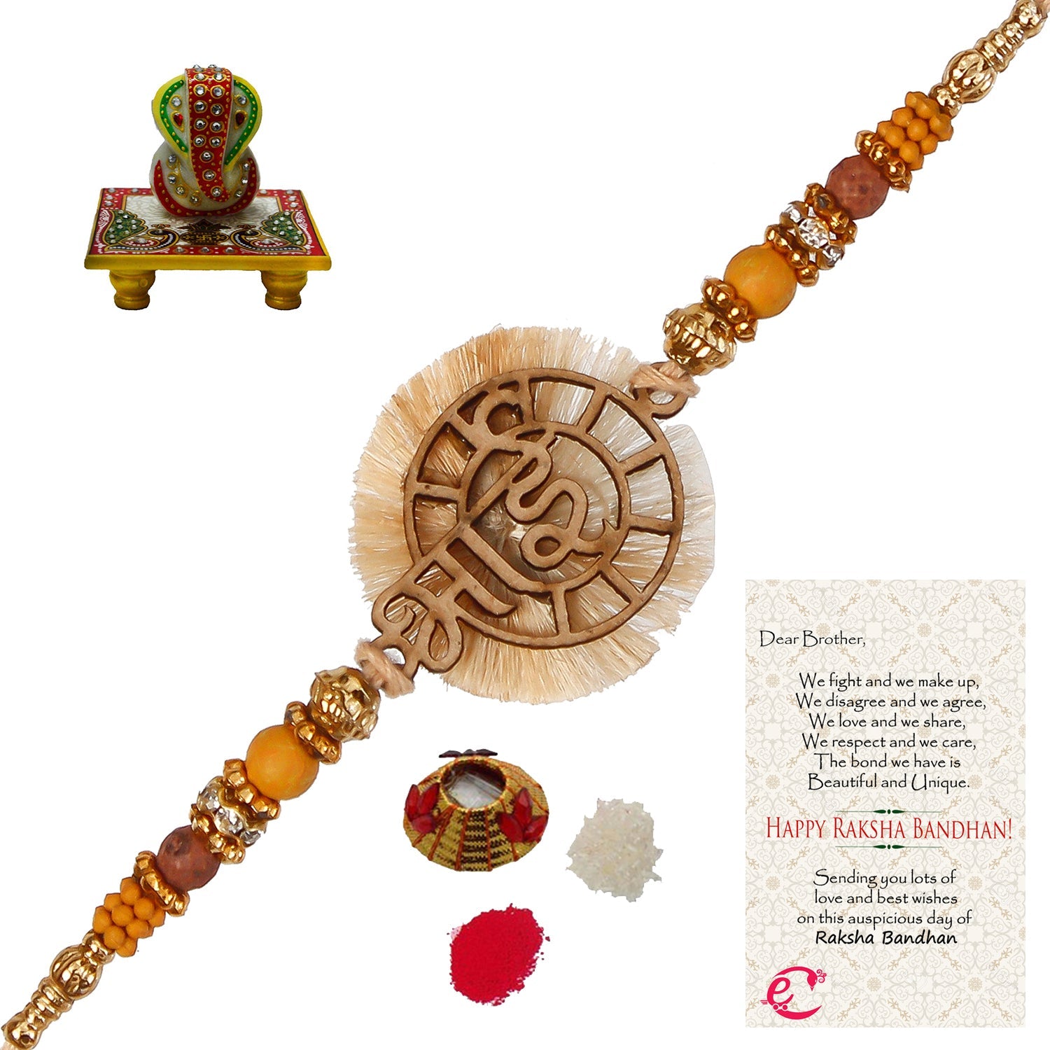 Designer Wooden Bhai Rakhi with Lord Ganesha on Marble Chowki and Roli Tikka Matki, Best Wishes Greeting Card Kafalo