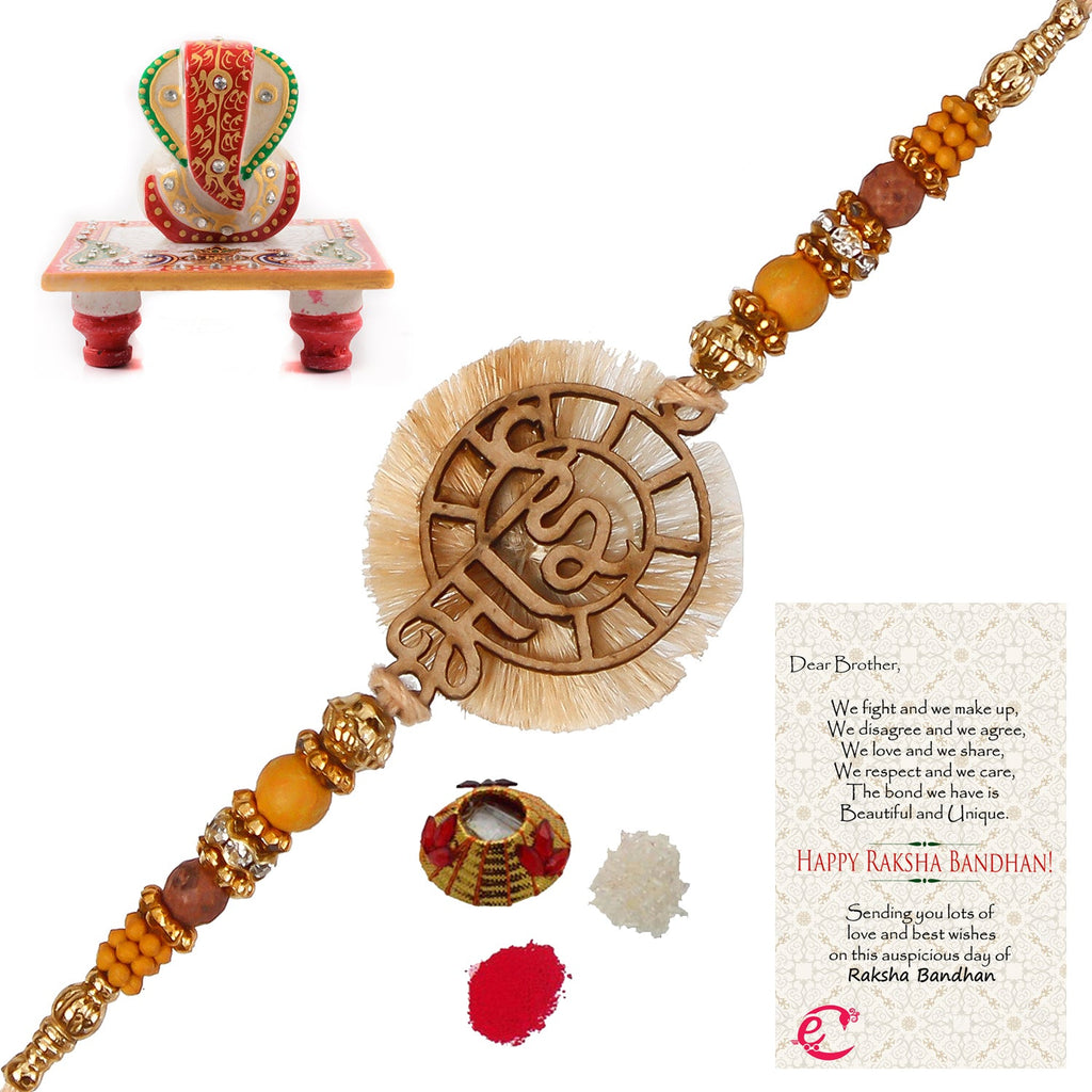 Designer Wooden Bhai Rakhi with Lord Ganesha Marble Chowki and Roli Tikka Matki, Best Wishes Greeting Card Kafalo