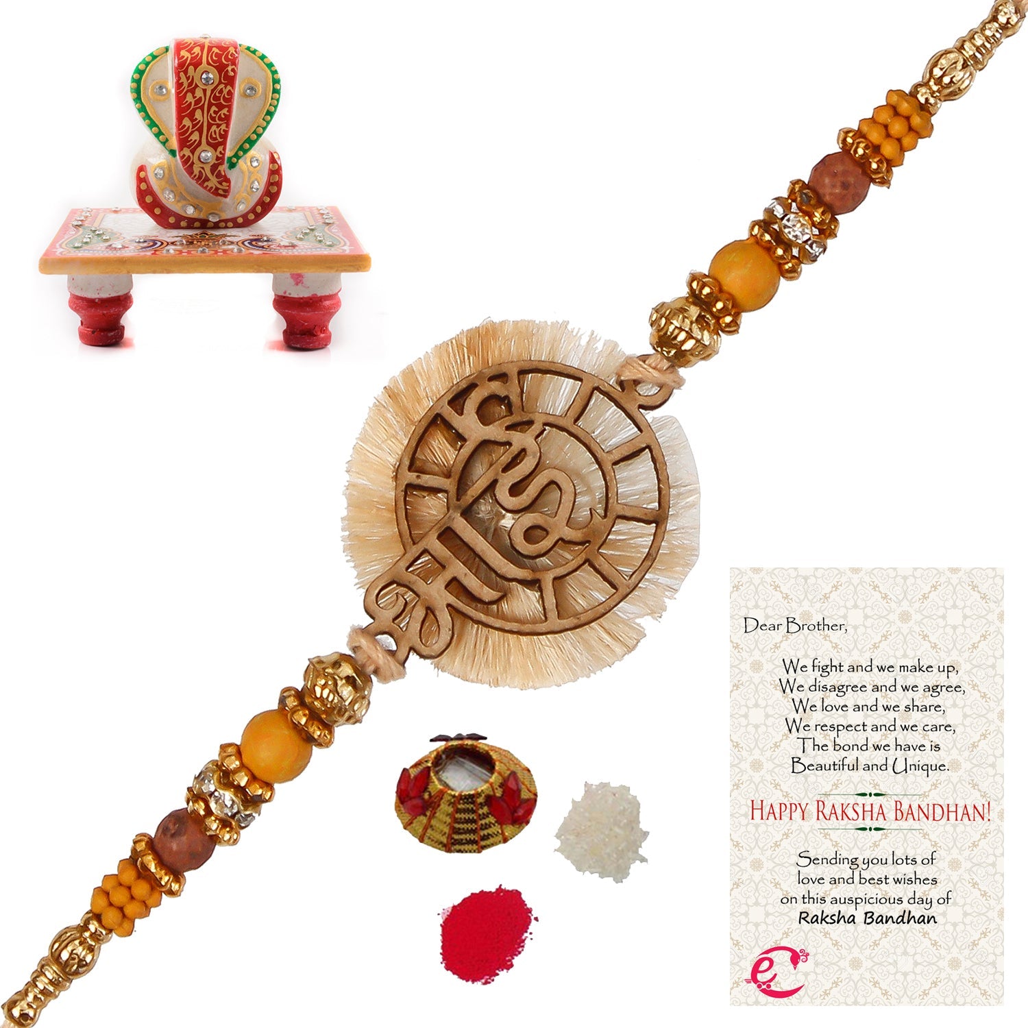 Designer Wooden Bhai Rakhi with Lord Ganesha Marble Chowki and Roli Tikka Matki, Best Wishes Greeting Card Kafalo