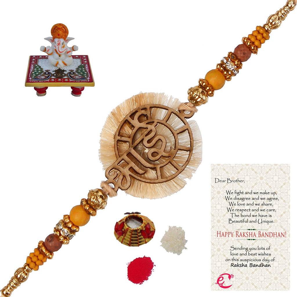 Designer Wooden Bhai Rakhi with Lord Ganesha Marble Chowki and Roli Tikka Matki, Best Wishes Greeting Card Kafalo