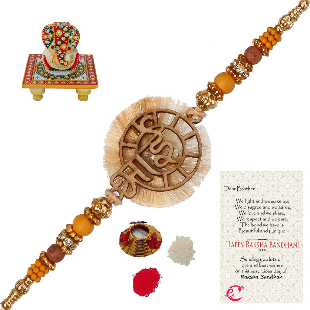 Designer Wooden Bhai Rakhi with Lord Ganesha on Kundan Studded Marble Chowki and Roli Tikka Matki, Best Wishes Greeting Card Kafalo