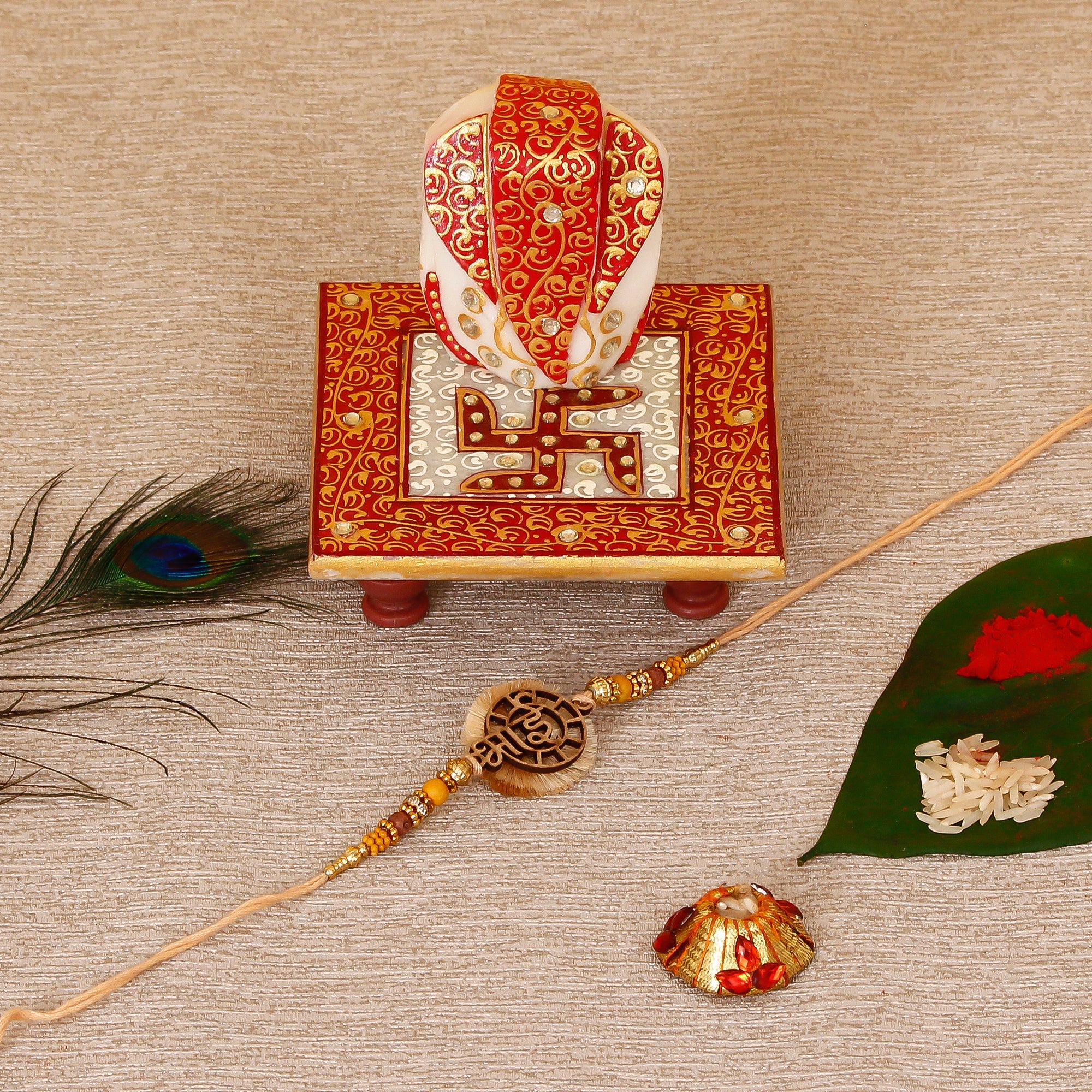 Designer Wooden Bhai Rakhi with Ridhi Sidhi Marble chowki and Roli Tikka Matki Kafalo