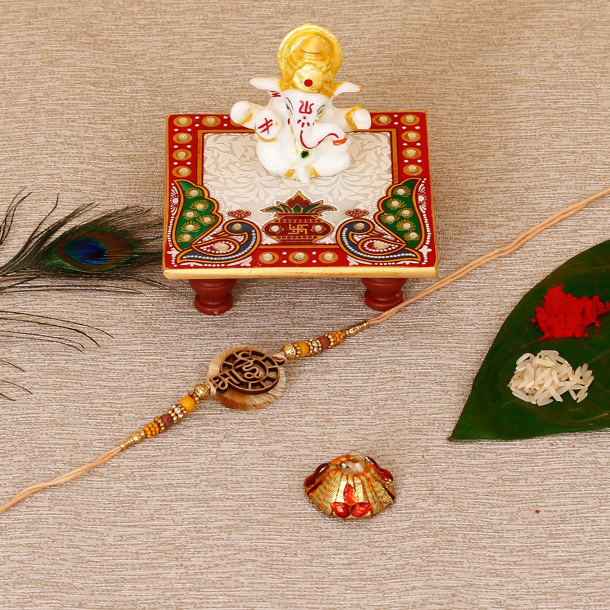 Designer Wooden Bhai Rakhi with Lord Ganesha Marble Chowki and Roli Tikka Matki Kafalo