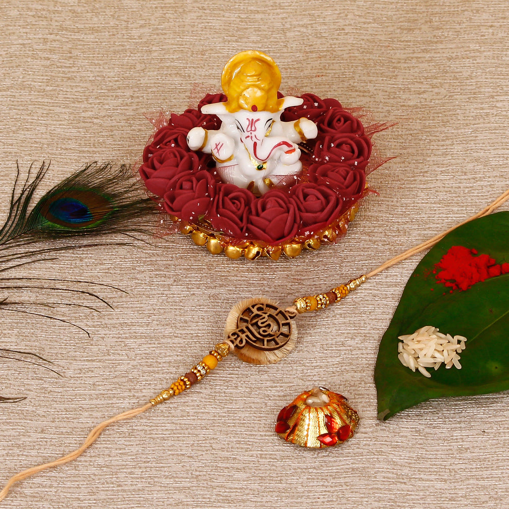 Designer Wooden Bhai Rakhi with Lord Ganesha Idol on Decorative Plate for Car & Home and Roli Tikka Matki Kafalo