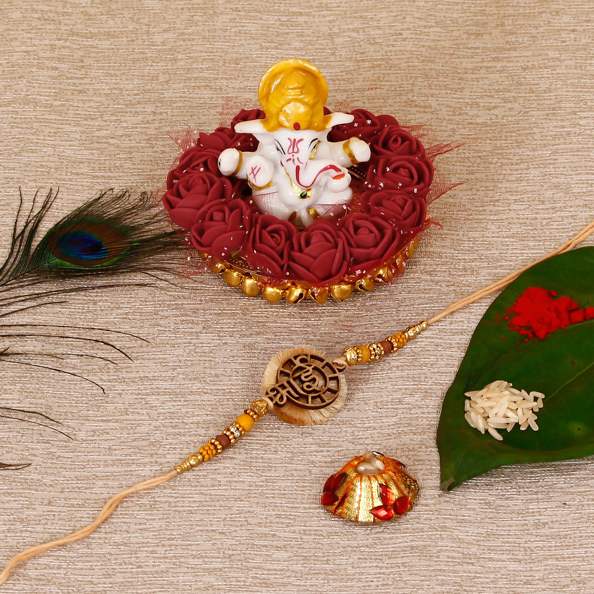 Designer Wooden Bhai Rakhi with Lord Ganesha Idol on Decorative Plate for Car & Home and Roli Tikka Matki Kafalo