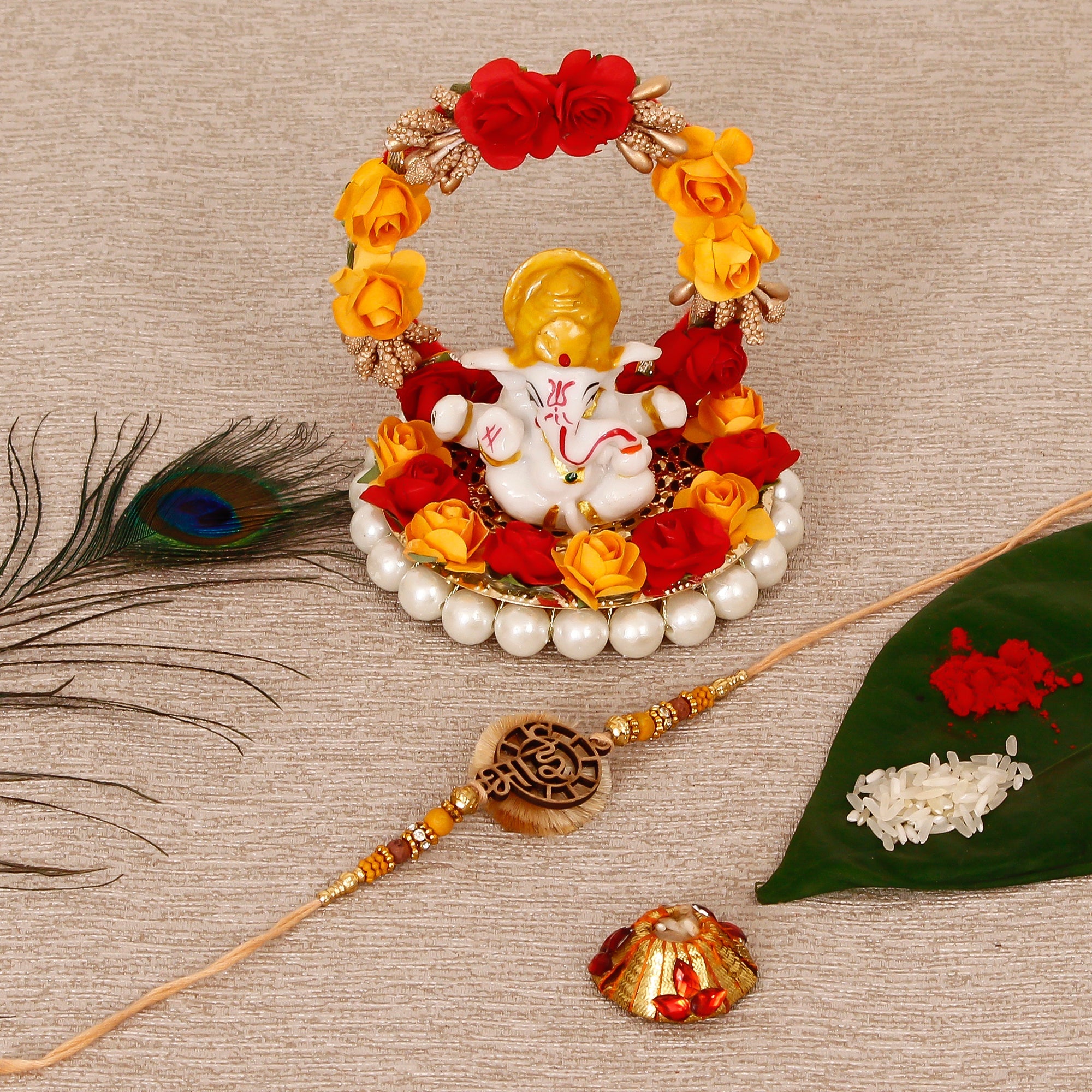 Designer Wooden Bhai Rakhi with Lord Ganesha Idol on Decorative Plate for Car & Home and Roli Tikka Matki Kafalo