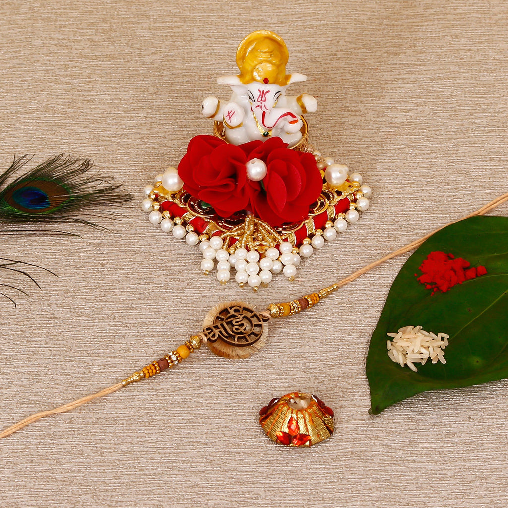Designer Wooden Bhai Rakhi with Lord Ganesha Idol on Decorative Plate for Car & Home and Roli Tikka Matki Kafalo