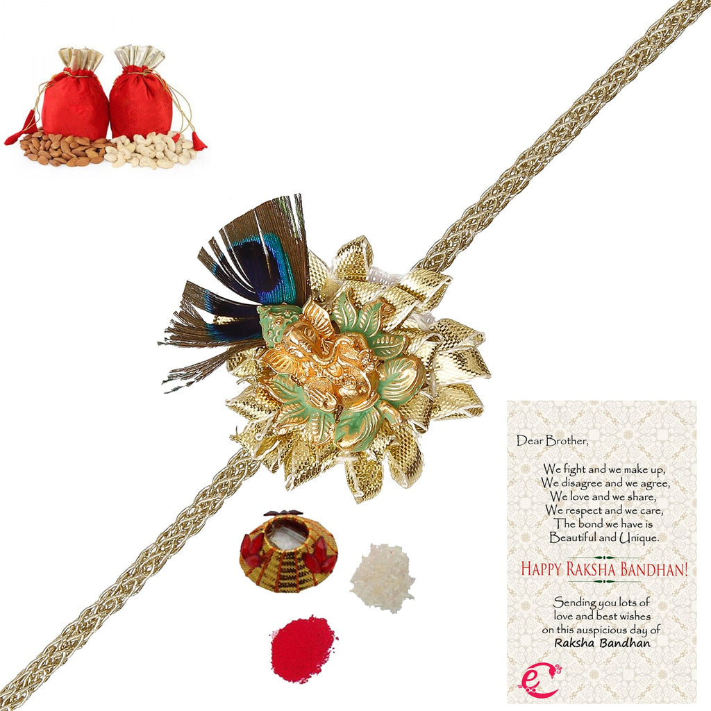 Designer Ganesha Mor Pankh Rakhi with Badam and Cashew (200 gm each, total 400 gm) and Roli Tikka Matki, Best Wishes Greeting Card Kafalo