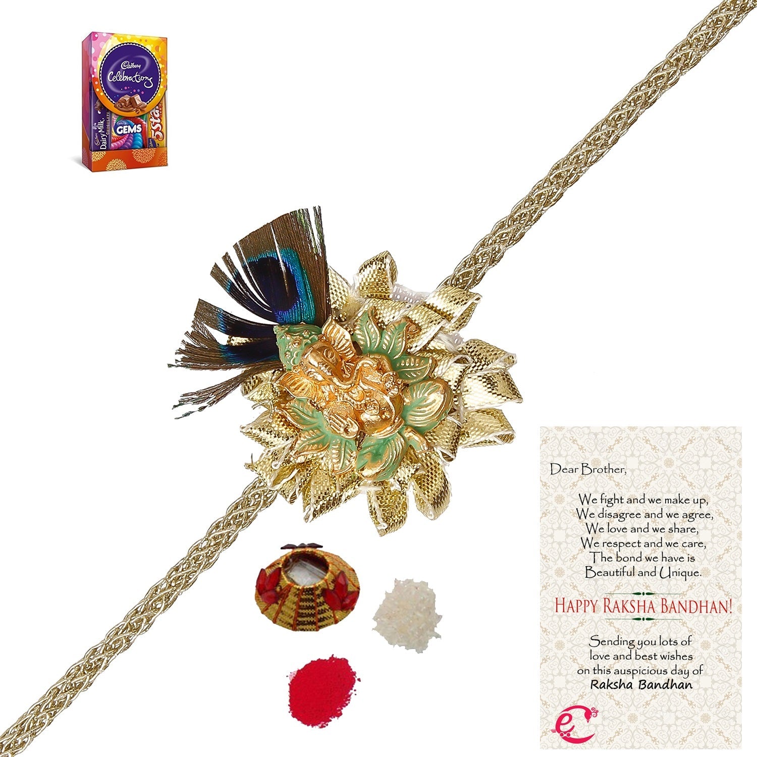 Designer Ganesha Mor Pankh Rakhi with Cadbury Celebrations Gift Pack of 5 Assorted Chocolates and Roli Tikka Matki, Best Wishes Greeting Card Kafalo