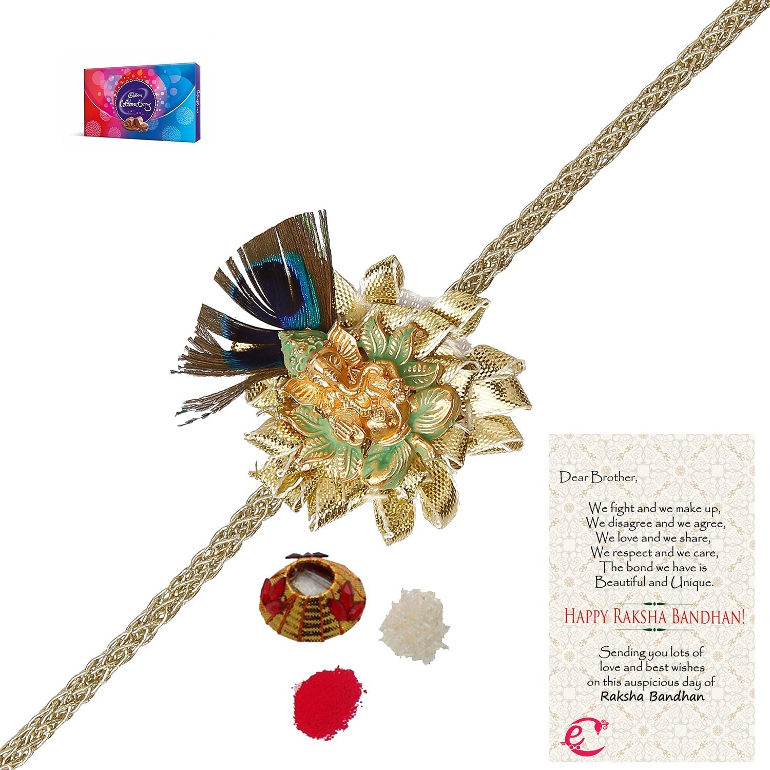 Designer Ganesha Mor Pankh Rakhi with Cadbury Celebrations Gift Pack of 7 Assorted Chocolates and Roli Tikka Matki, Best Wishes Greeting Card Kafalo