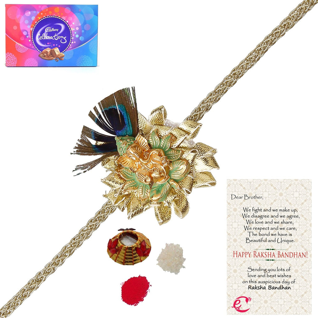 Designer Ganesha Mor Pankh Rakhi with Cadbury Celebrations Gift Pack of 11 Assorted Chocolates and Roli Tikka Matki, Best Wishes Greeting Card Kafalo