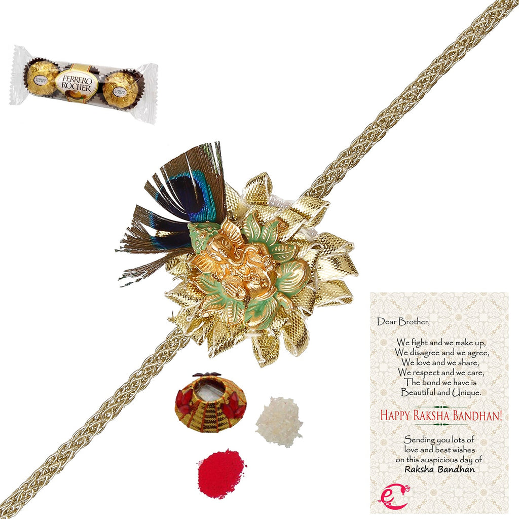 Designer Ganesha Mor Pankh Rakhi with Ferrero Rocher (3 pcs) and Roli Tikka Matki, Best Wishes Greeting Card Kafalo