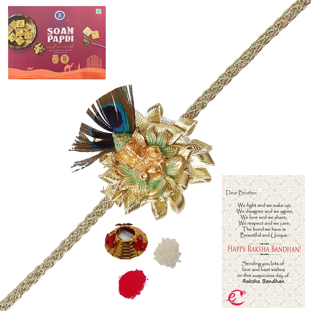 Designer Ganesha Mor Pankh Rakhi with Soan Papdi (500 Gm) and Roli Tikka Matki, Best Wishes Greeting Card Kafalo