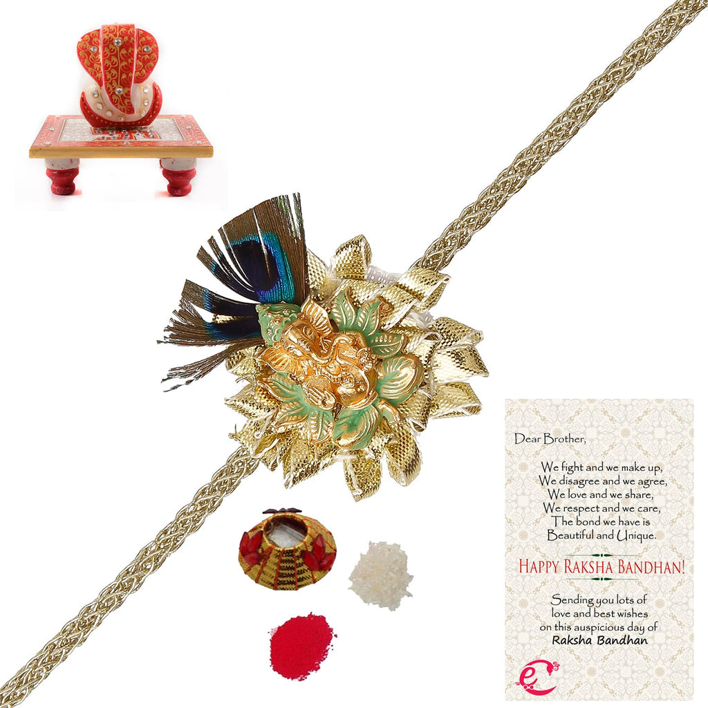Designer Ganesha Mor Pankh Rakhi with Ridhi Sidhi Marble chowki and Roli Tikka Matki, Best Wishes Greeting Card Kafalo